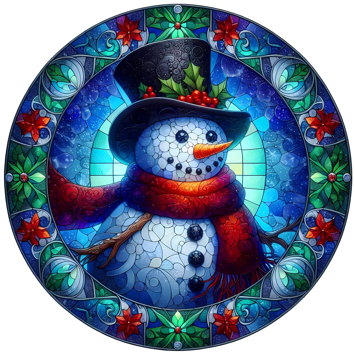 Stained Glass Snowman Decorative Border Spare Tire Cover - Jeep, Bronco, RV, Camper & More