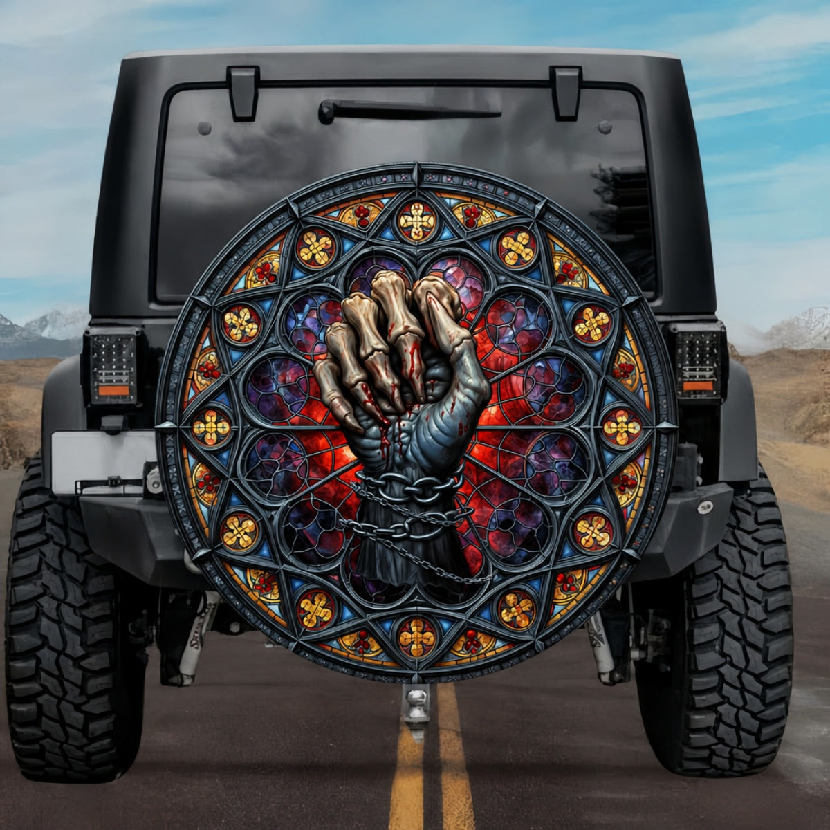Gothic Chained Skeleton Hand Dripping Blood Crimson Stained Glass Spare Tire Cover