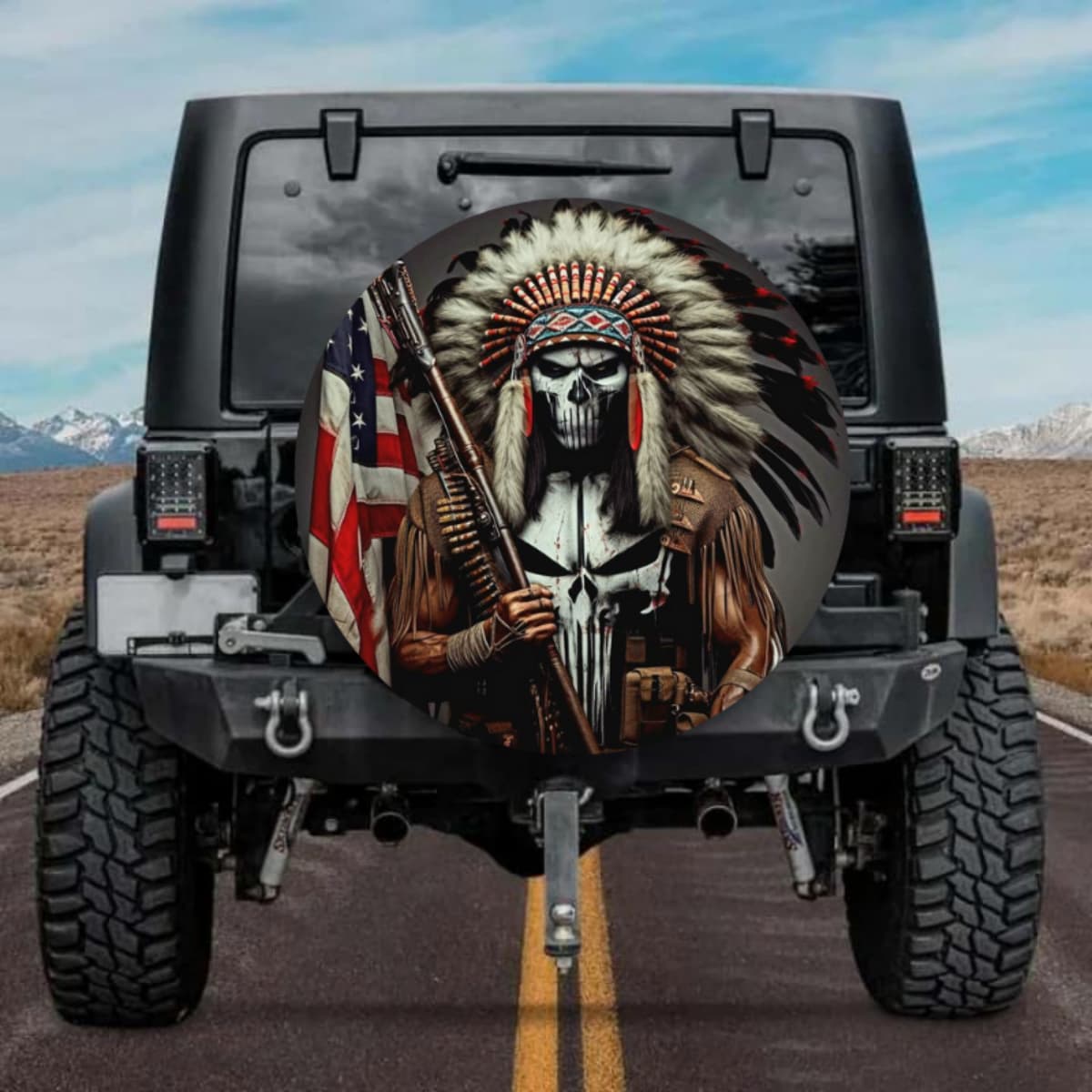 Native American Chief Punisher Skull Spare Tire Cover