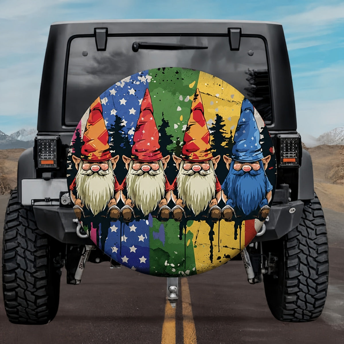 Distressed Colorful Patriotic Stars and Stripes Cute Dwarfs SUV Tire Cover