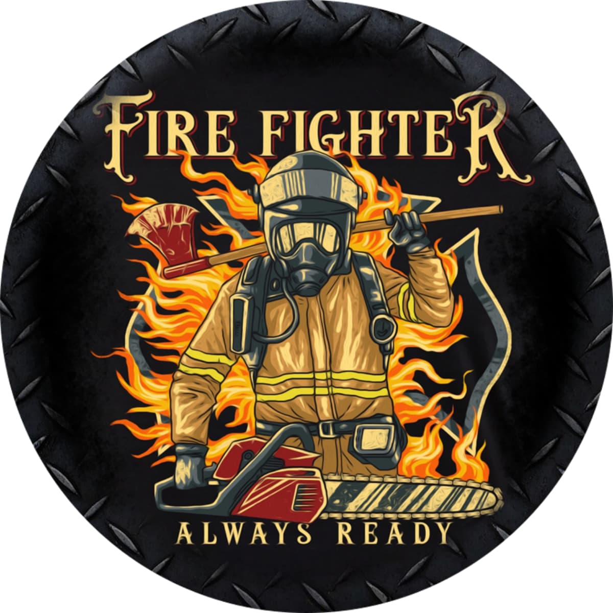 Firefighter Always Ready with Chainsaw Spare Tire Cover