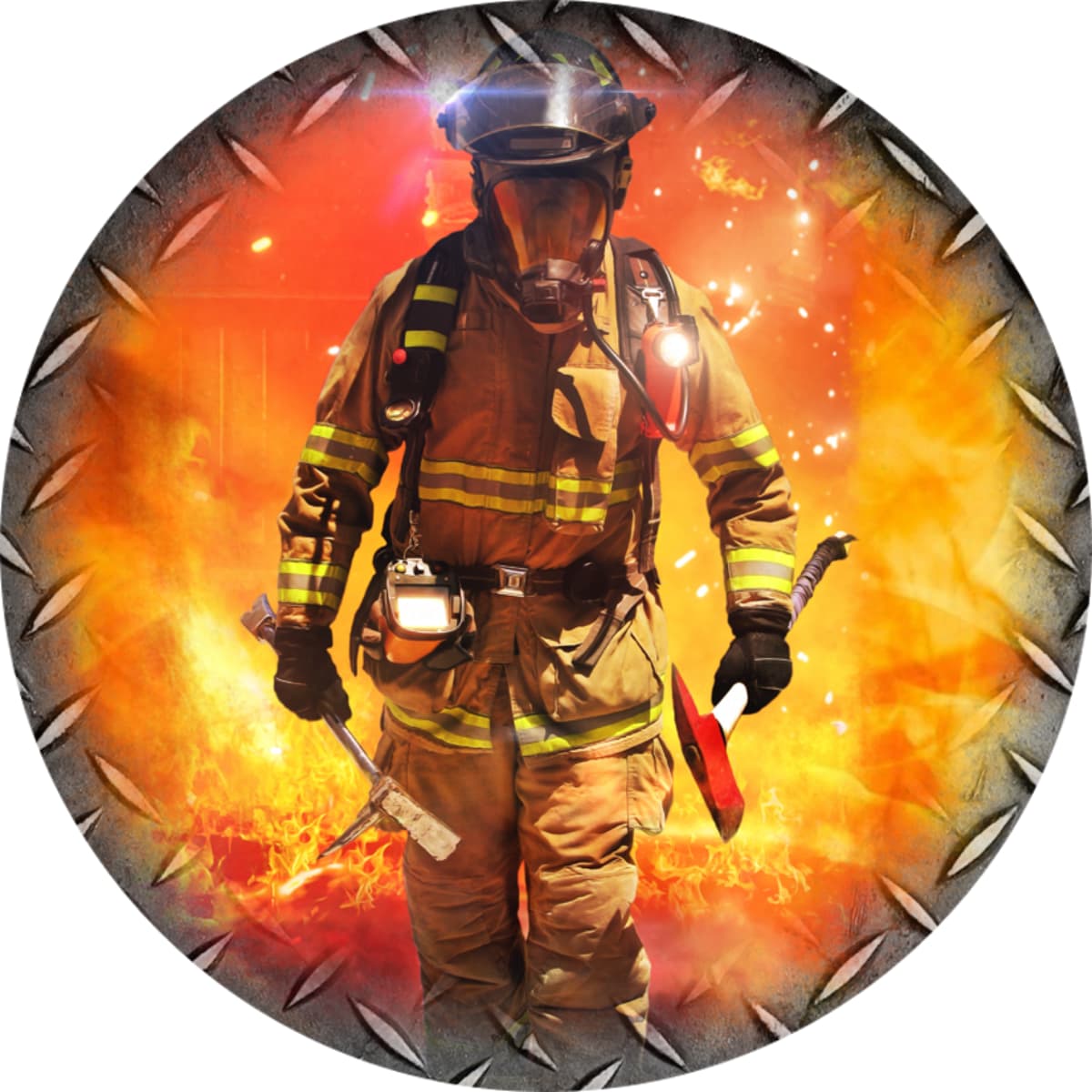 Firefighter Walking Through Fire Spare Tire Cover