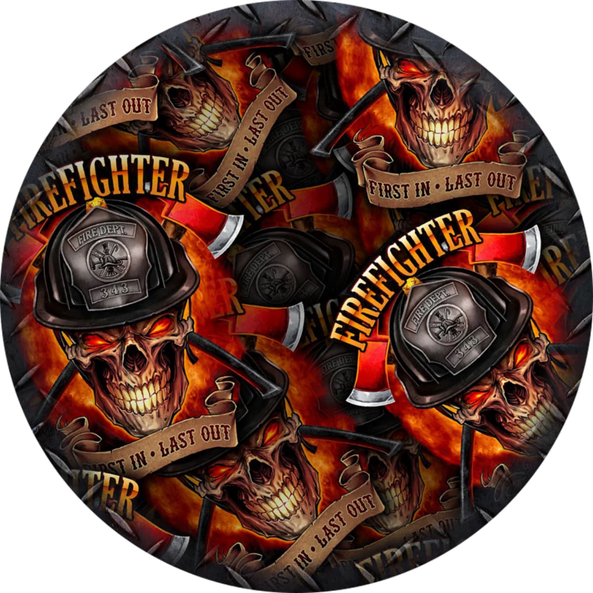 Firefighter Skull First In Last Out Collage Spare Tire Cover