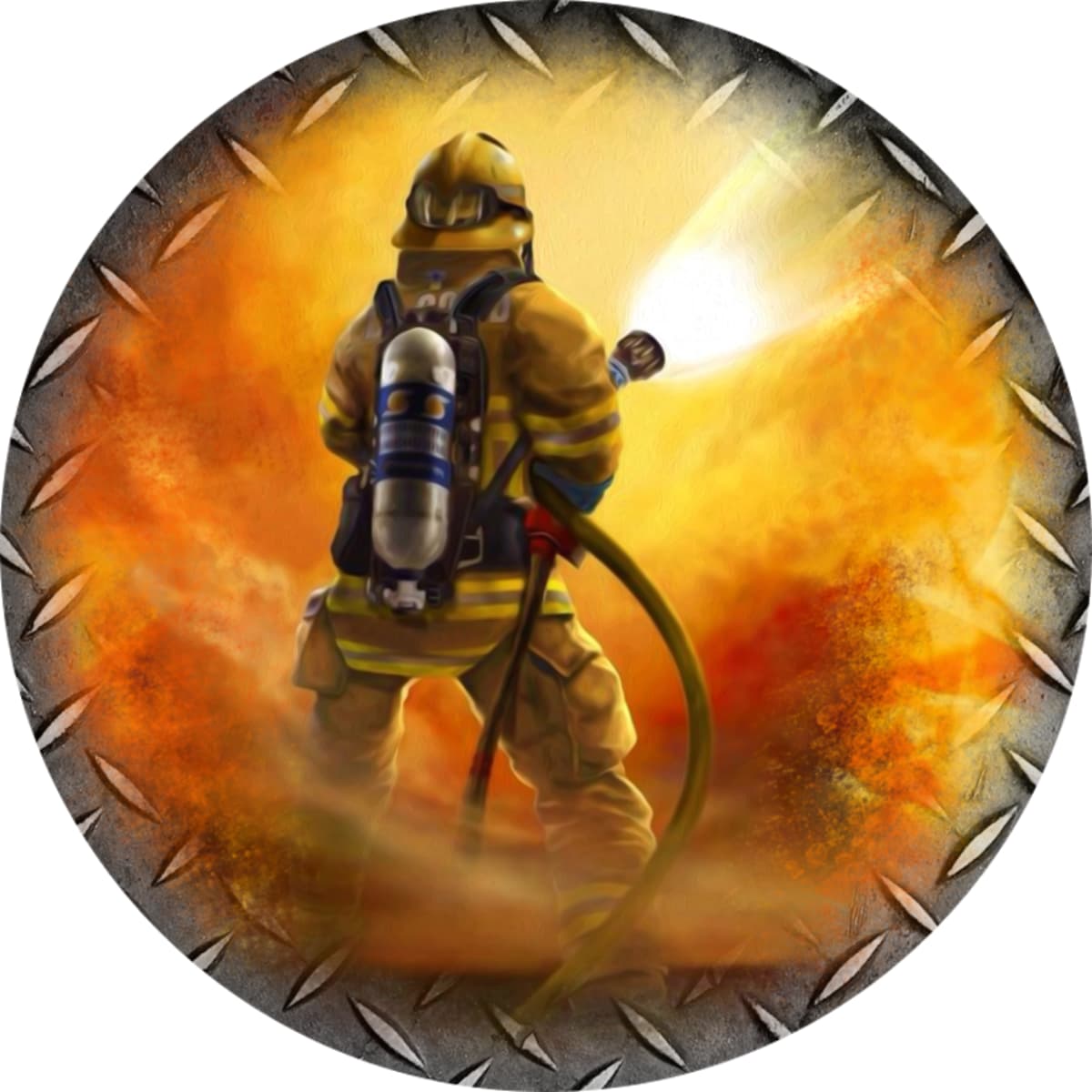 Firefighter with Hose in Fire Spare Tire Cover