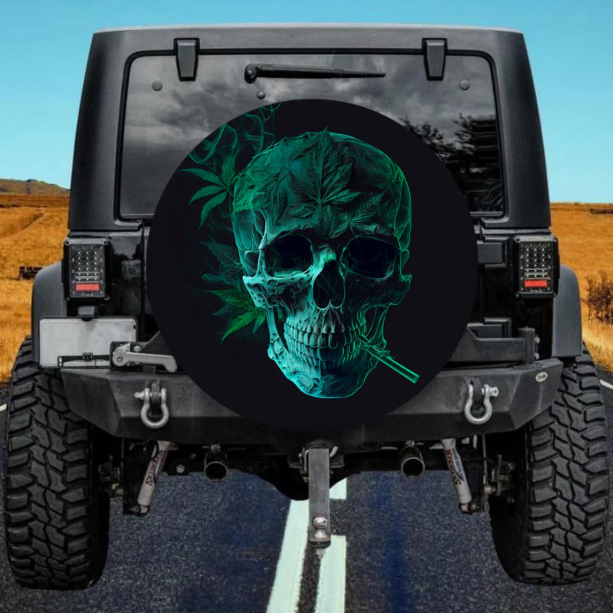 Mystic Cyan Skull Spare Tire Cover with Foliage Details