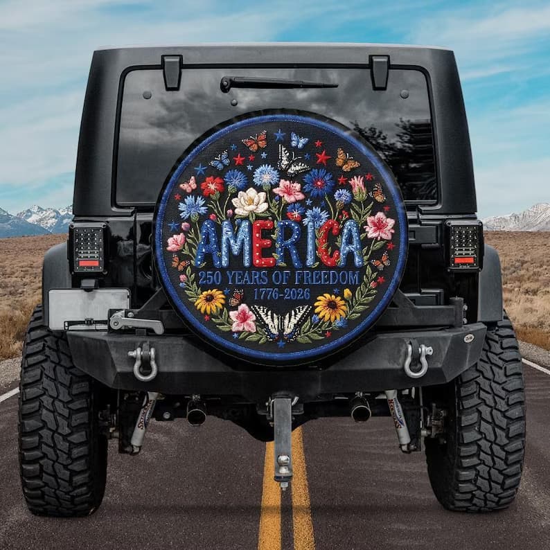 Floral American Flag Spare Tire Cover - 250th Anniversary 1776-2026 Art