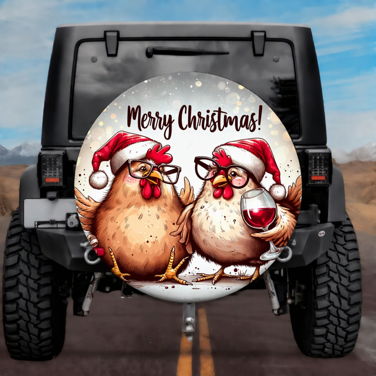 Holiday Country Farmhouse Line Art Wine Drinking Chicken Spare Tire Cover - Jeep, Bronco, RV, Camper & More