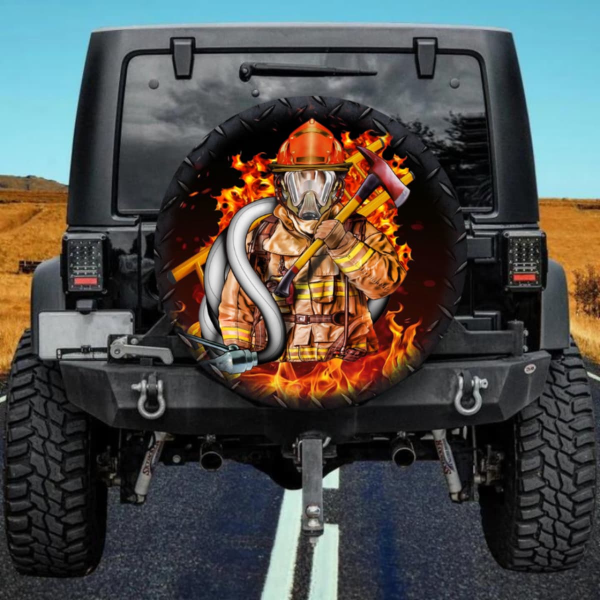 Firefighter with Hose and Axe Spare Tire Cover