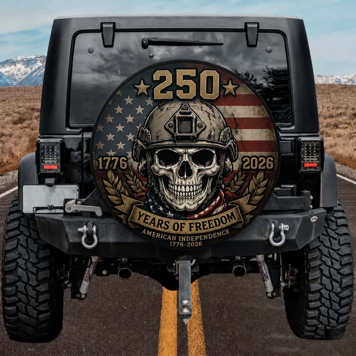 USA 250 Years of Freedom Tactical Skull Spare Tire Cover for Jeep Bronco