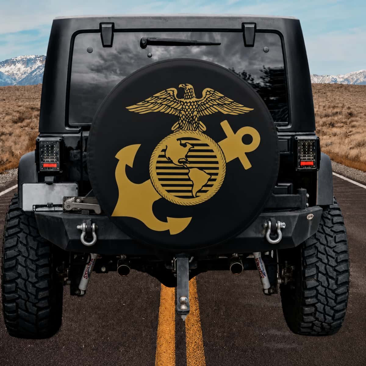 Official United States Marine Corps Gold EGA Matte Black Spare Tire Cover