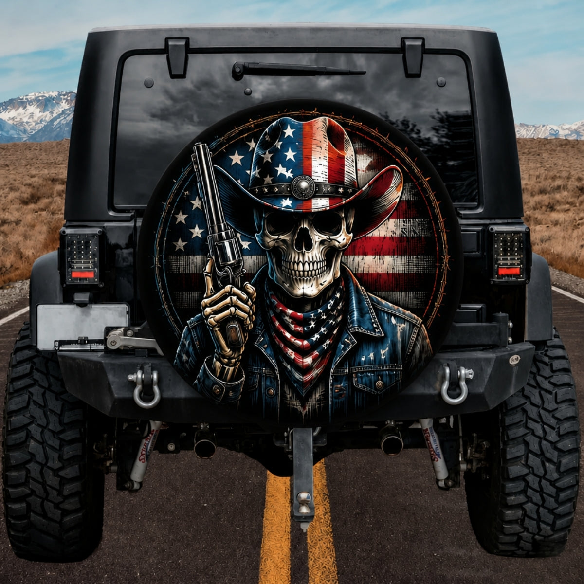 Patriotic Western Outlaw Pistol Skull Vintage US Flag SUV Tire Cover