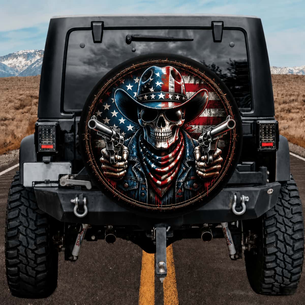 American Patriot Favorite Bold Dual Pistol Cowboy Skull Tire Cover