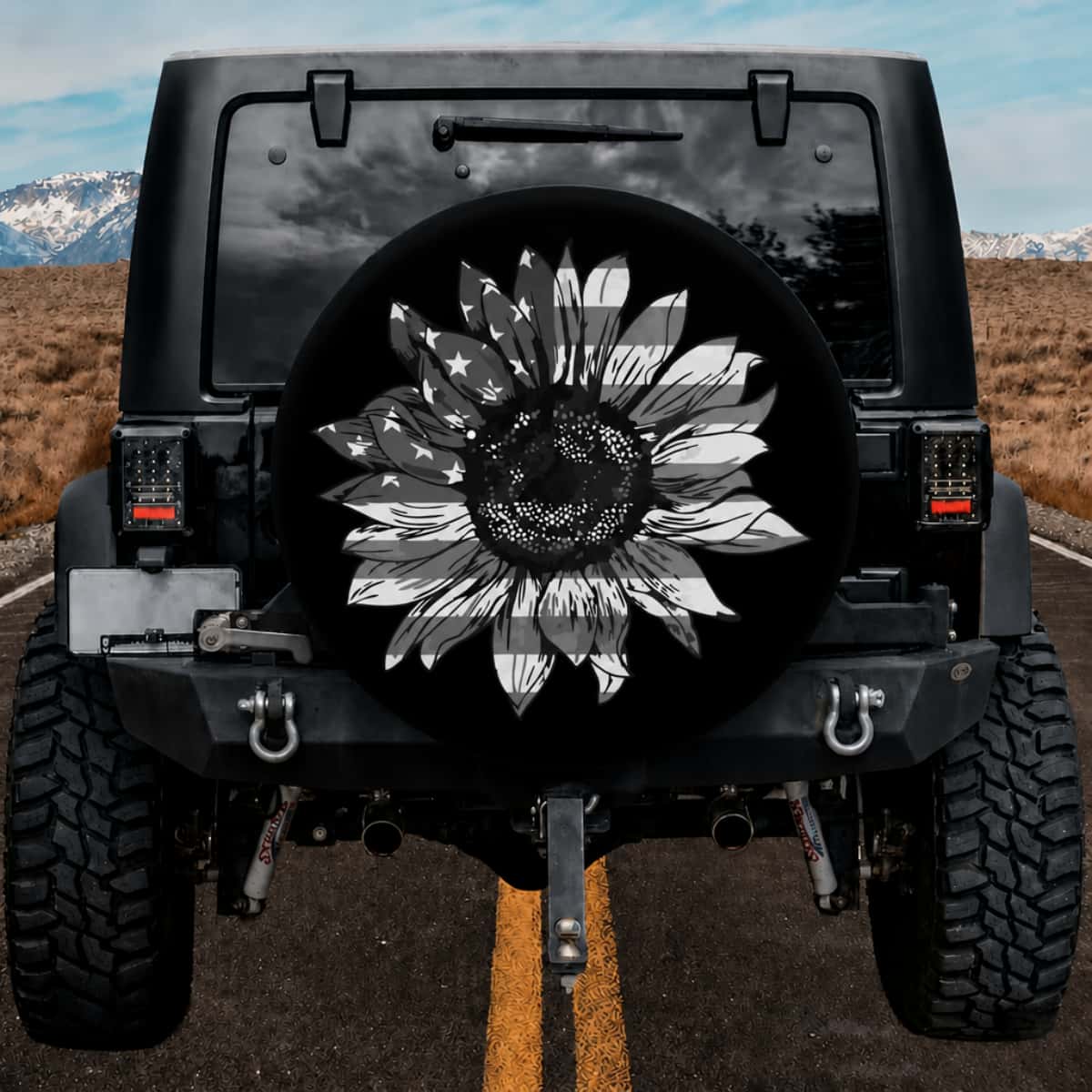 Monochrome Patriotic US Flag Sunflower Heavy Duty SUV Tire Cover