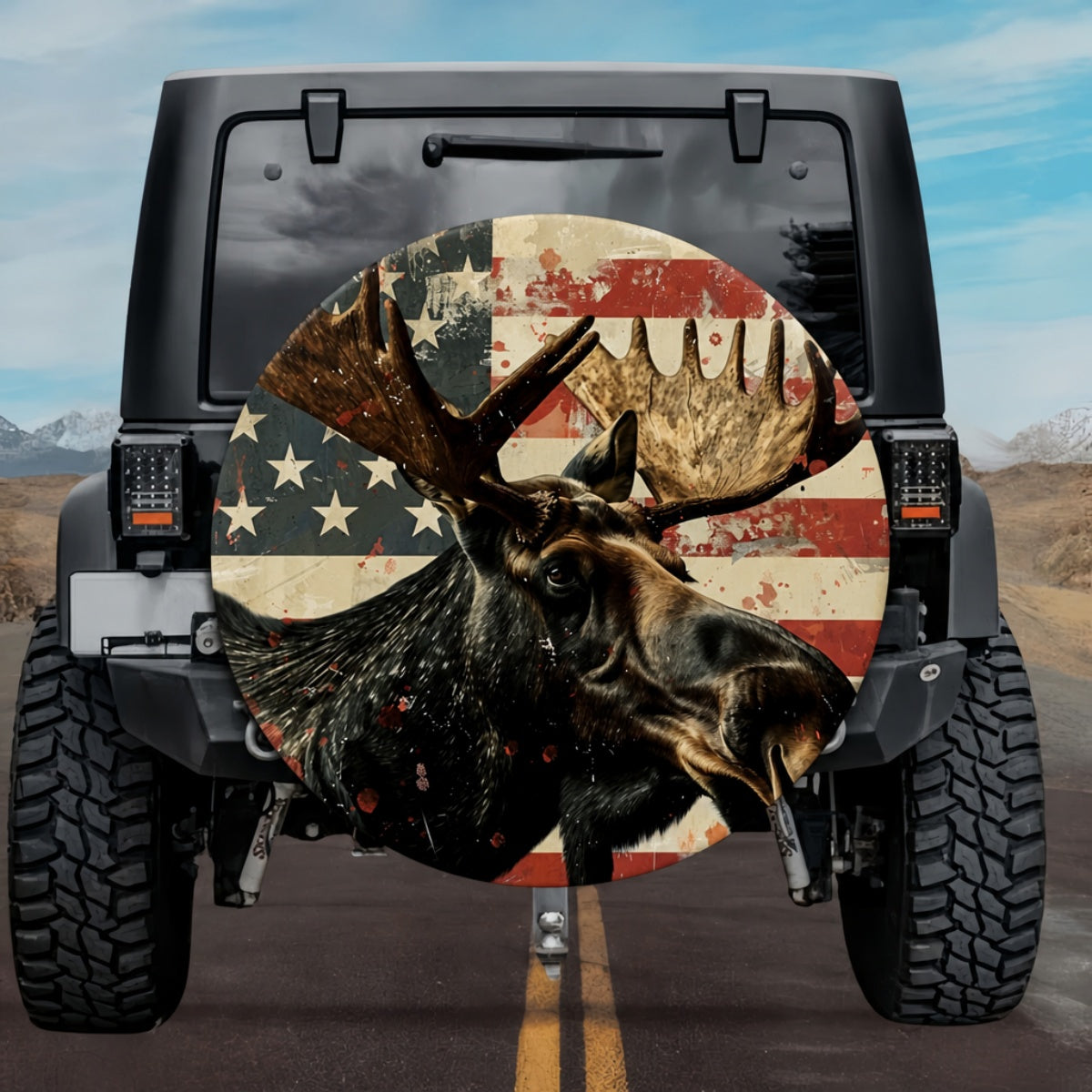 Vintage Distressed American Flag Moose Spare Tire Cover