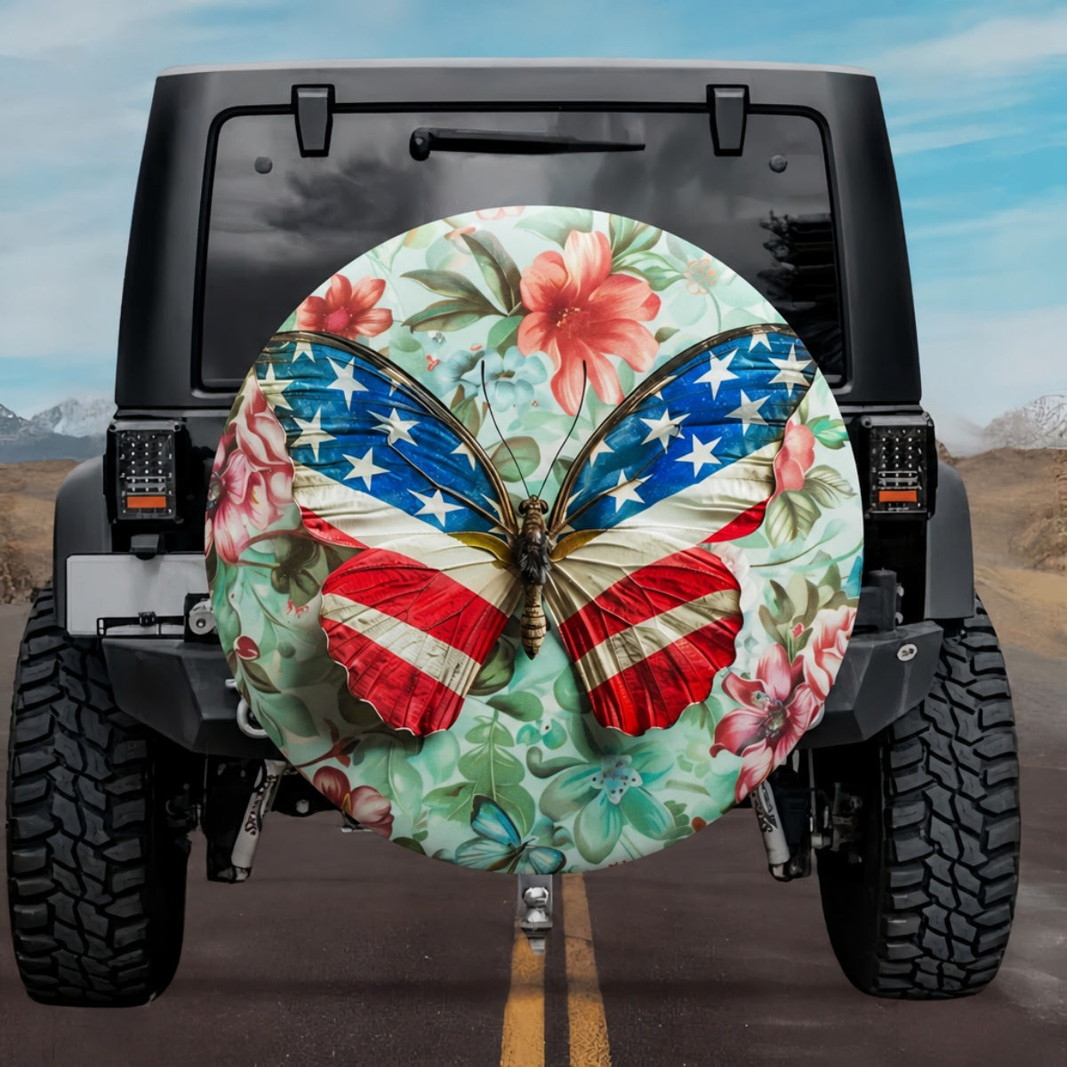 3D American Flag Butterfly Floral Spare Tire Cover