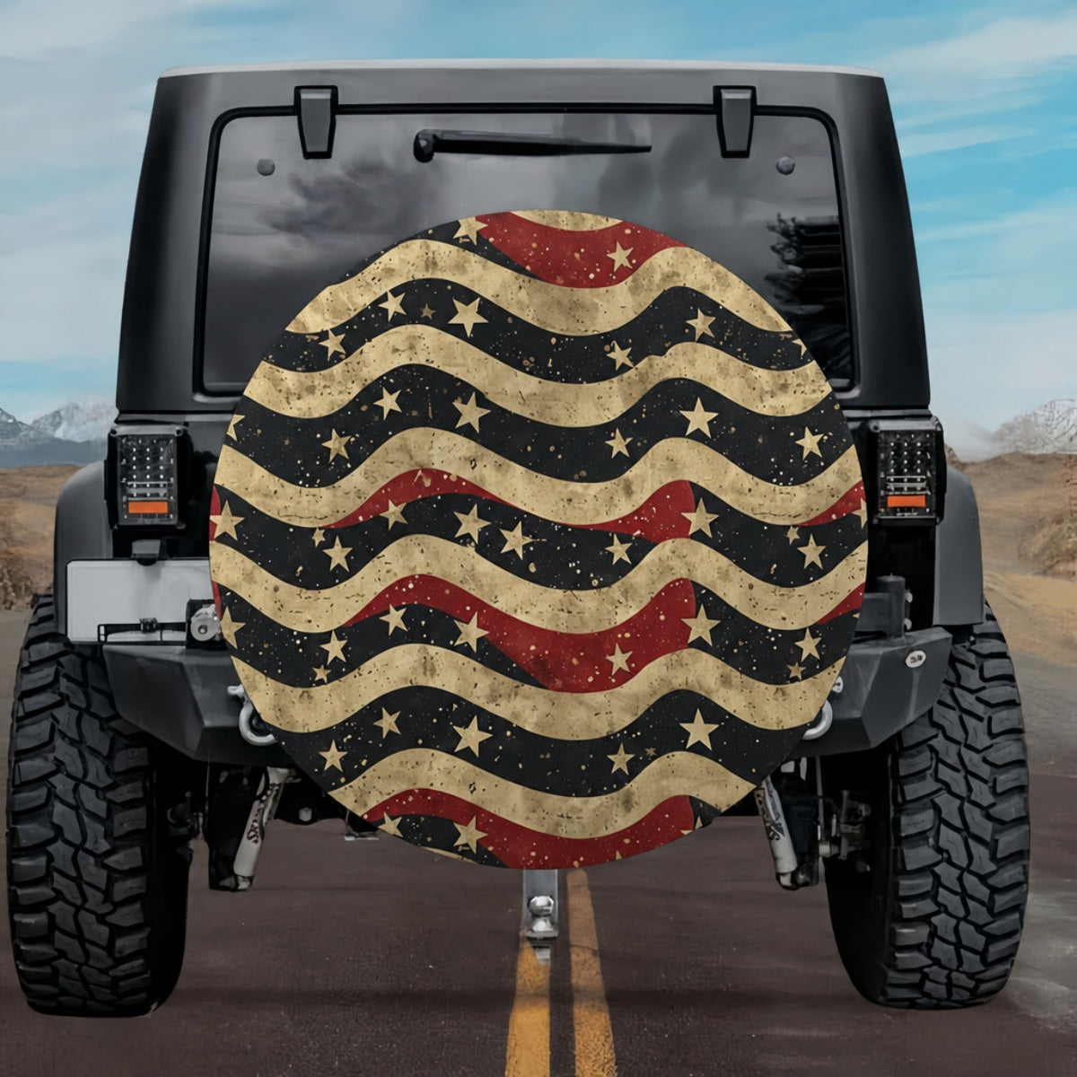 Retro Grunge Blackout Stars and Stripes Waves Pattern SUV Tire Cover