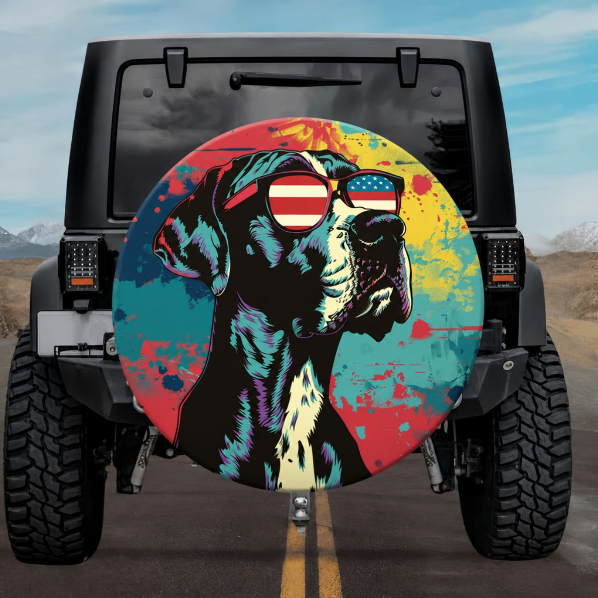 Patriotic Guard Dog with US Flag Glasses Retro Splatter SUV Tire Cover