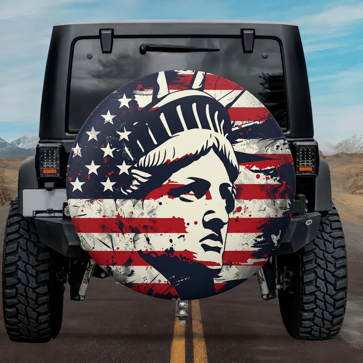 3D Statue of Liberty Face Close-up American Flag Tire Cover