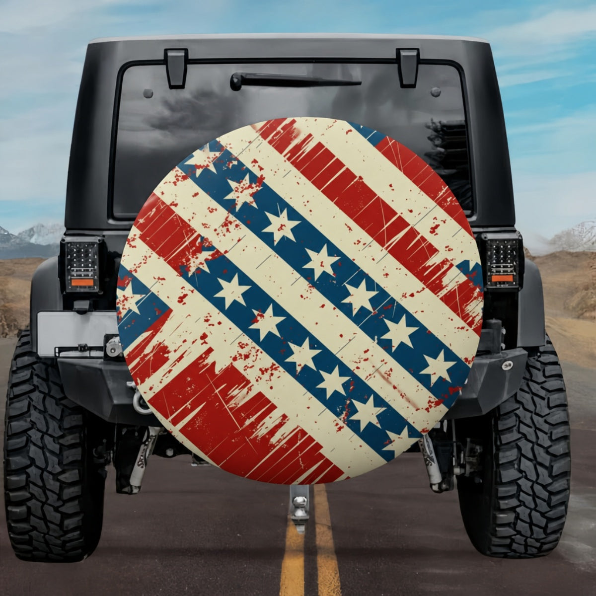 Vintage Distressed Diagonal American Flag Spare Tire Cover