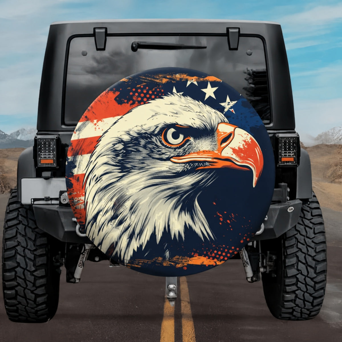 Vintage Distressed Bald Eagle American Flag Spare Tire Cover