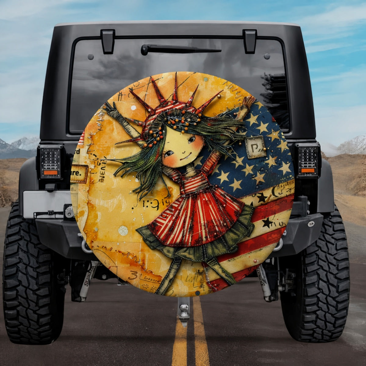 Whimsical Statue of Liberty Illustration American Flag Spare Tire Cover