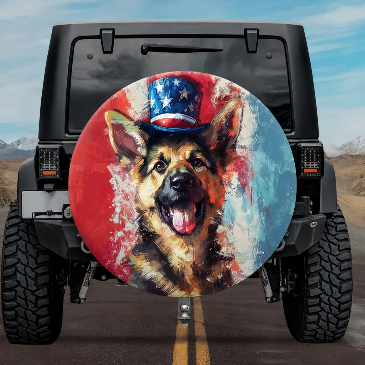 Whimsical German Shepherd Patriotic Uncle Sam Hat Spare Tire Cover