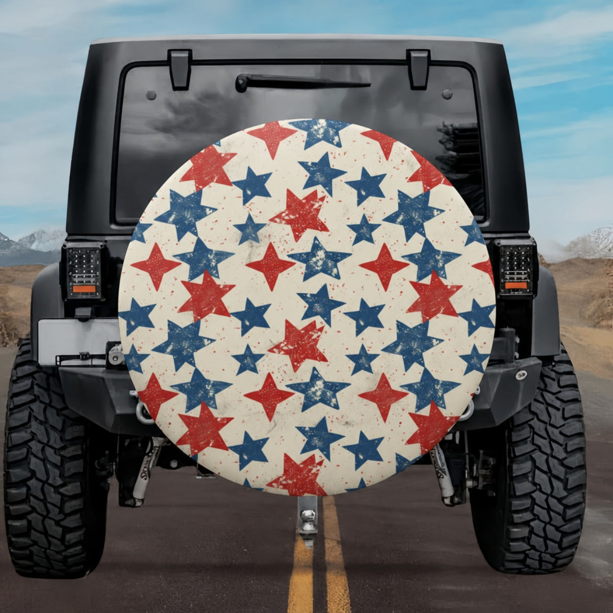 The Rhythmic Stars: 3D Distressed Geometric Patriotic Tire Cover