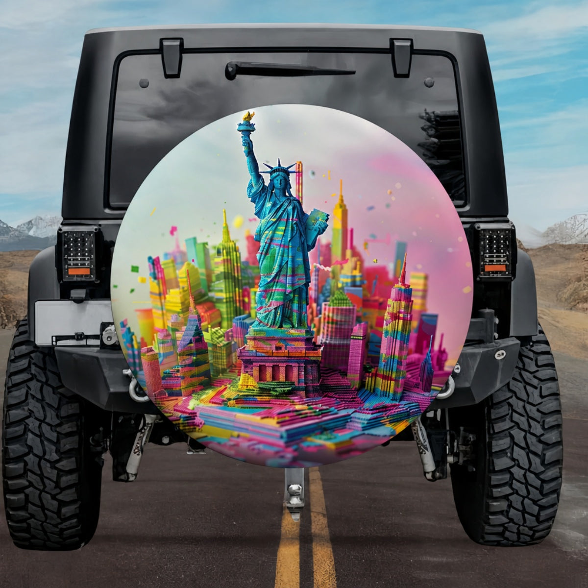 Dreamy Voxel Liberty Statue & City Skyline SUV Tire Cover