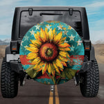 Artistic Sunflower with Turquoise American Flag Spare Tire Cover