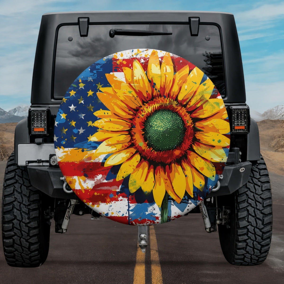 Artistic Sunflower American Flag Splatter Spare Tire Cover