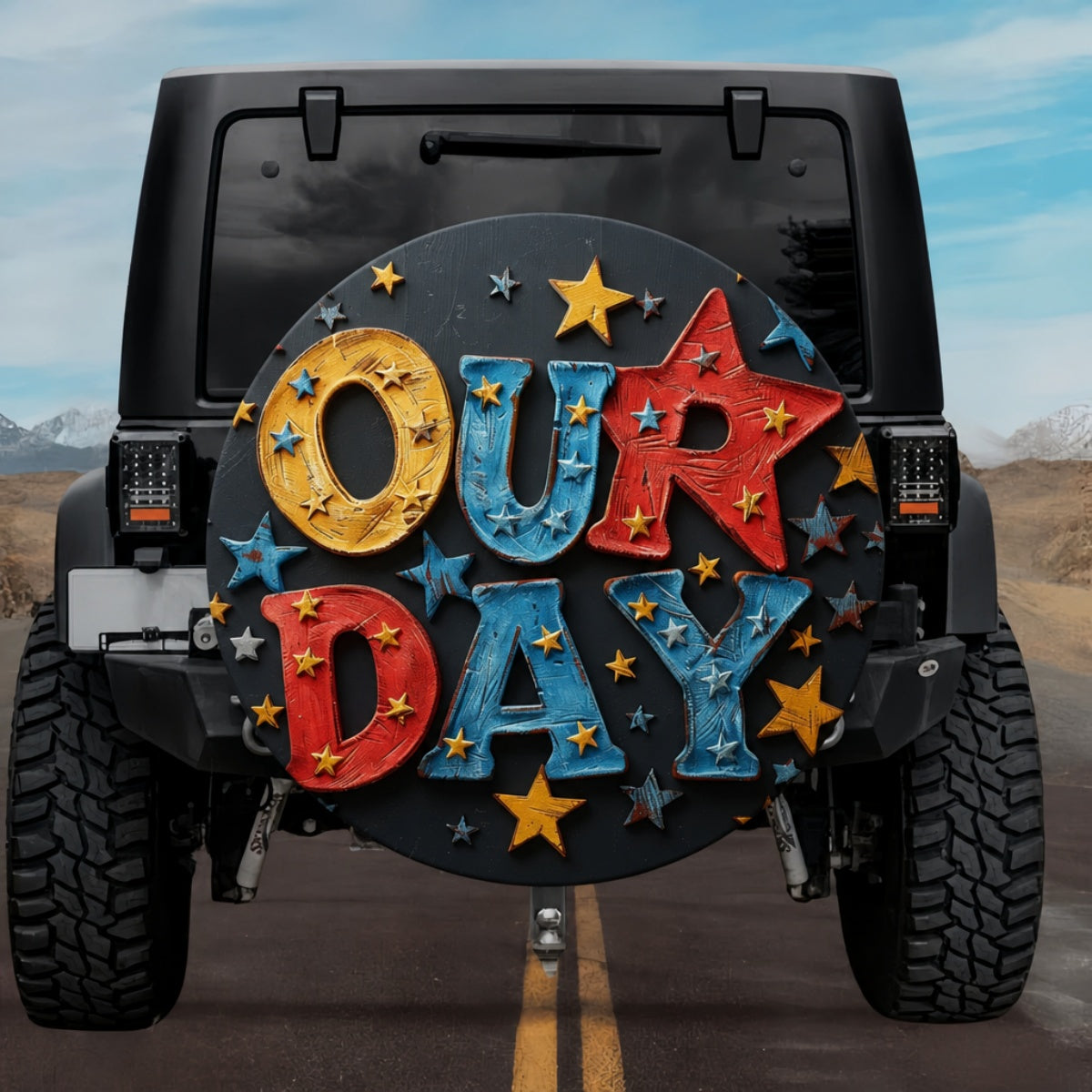 "OUR DAY" Patriotic 3D Lettering Spare Tire Cover