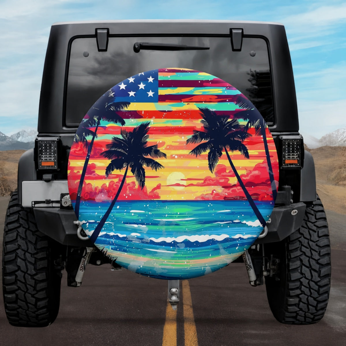 Tropical Palm Tree Sunset American Flag Spare Tire Cover