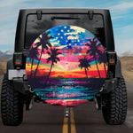 Synthwave Sunset Palm Tree American Flag Spare Tire Cover