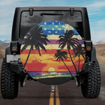 Distressed Vintage Tropical Palm Tree American Flag Spare Tire Cover