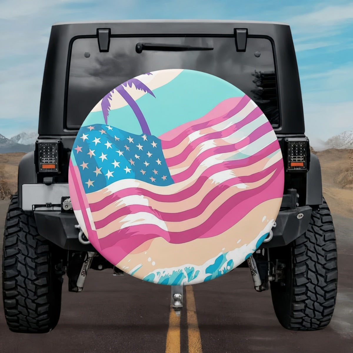 Minimalist Pastel Beach American Flag Spare Tire Cover