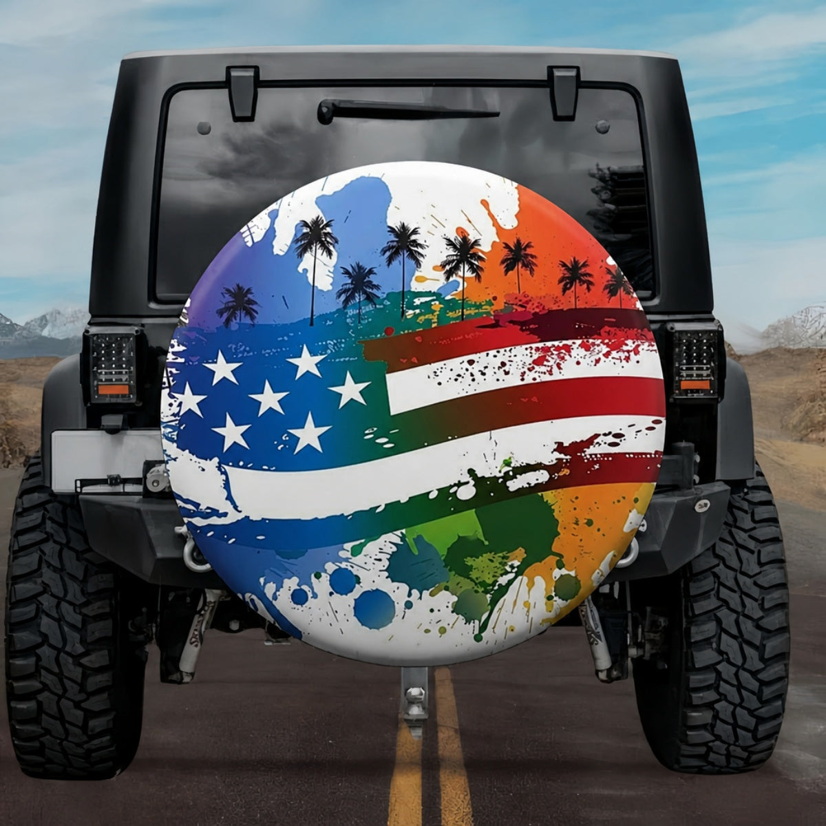 Artistic Splatter American Flag & Palm Tree Spare Tire Cover