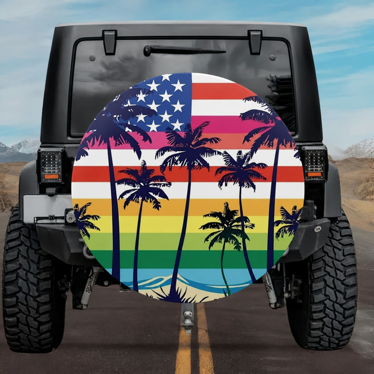 Rainbow Gradient Palm Tree American Flag Spare Tire Cover