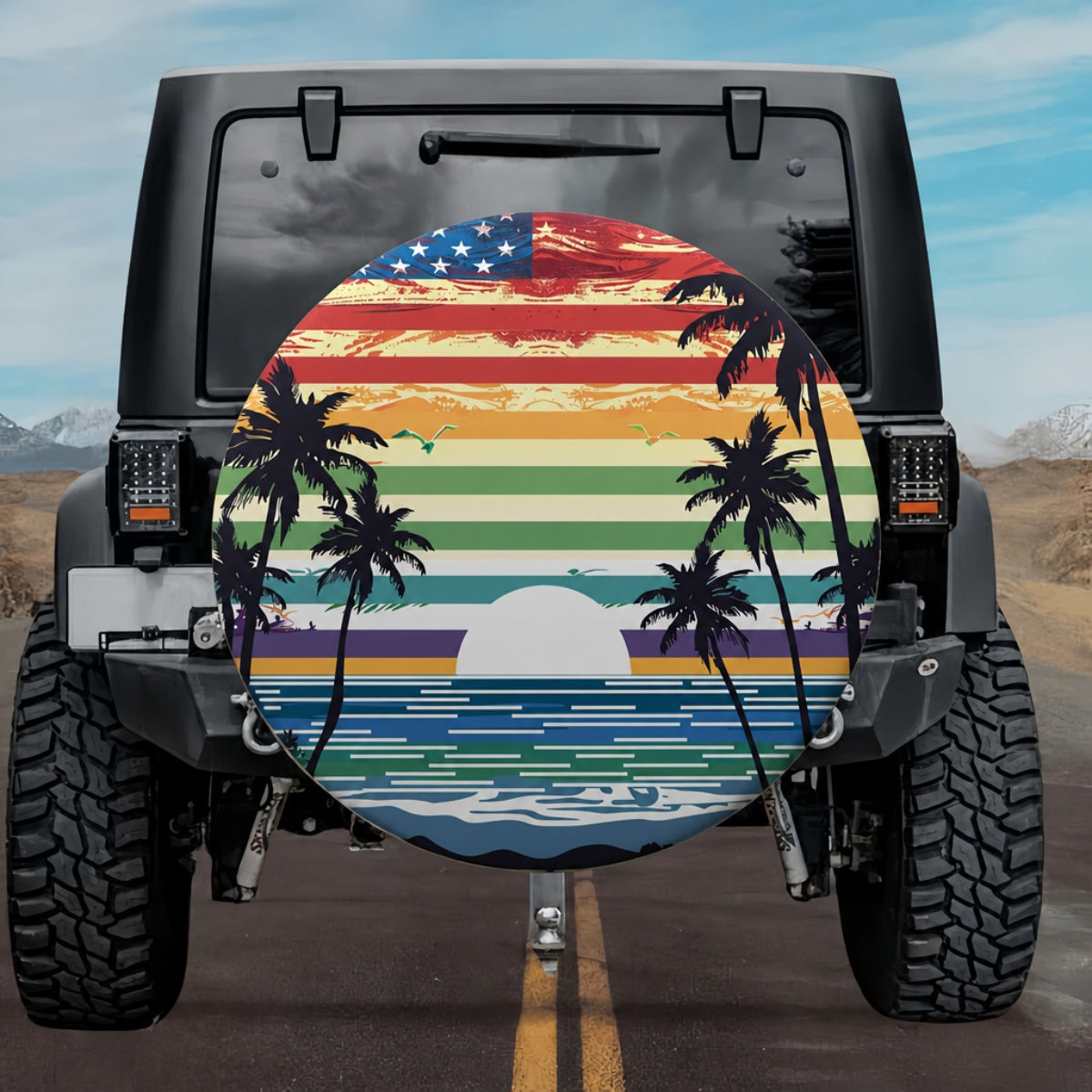 Rainbow Palm Tree American Flag Spare Tire Cover