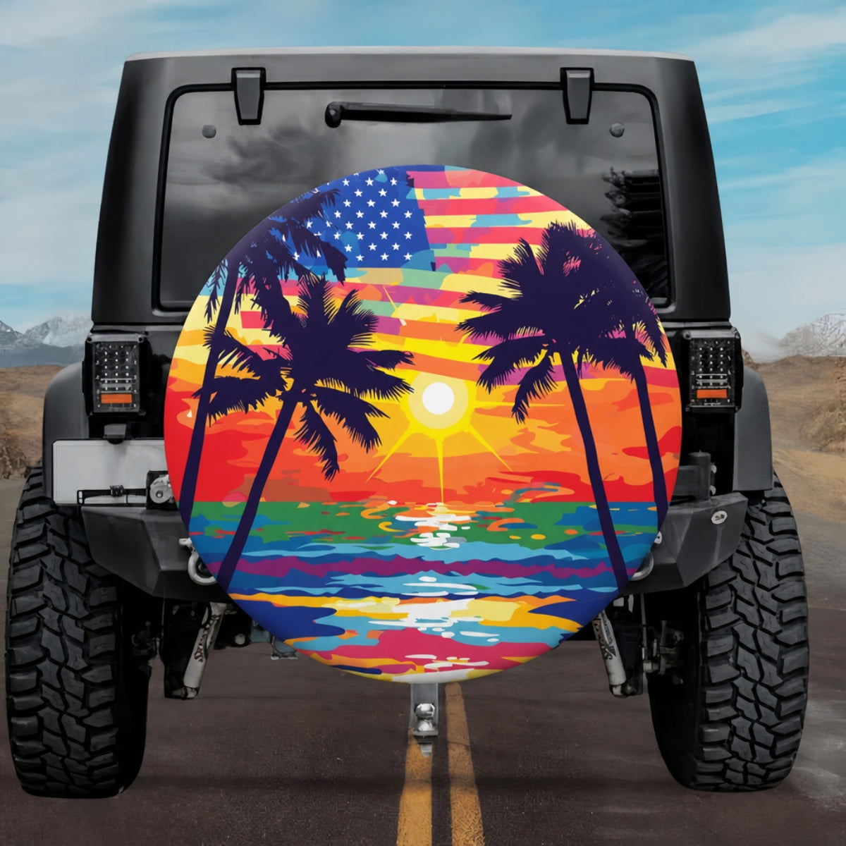 Vibrant Sunset Palm Tree American Flag Spare Tire Cover
