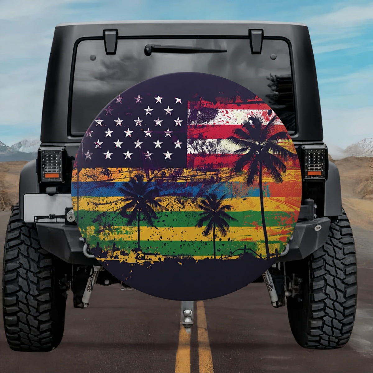 Vintage Distressed Dark Palm Tree American Flag Spare Tire Cover