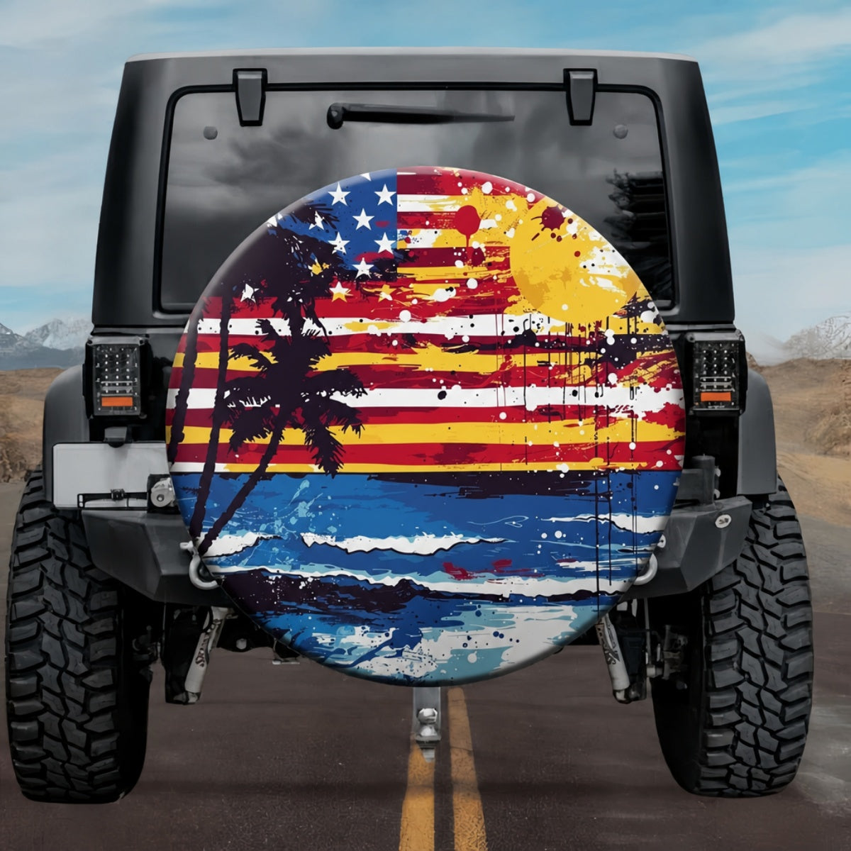 Abstract Splatter Art American Flag & Palm Tree Spare Tire Cover