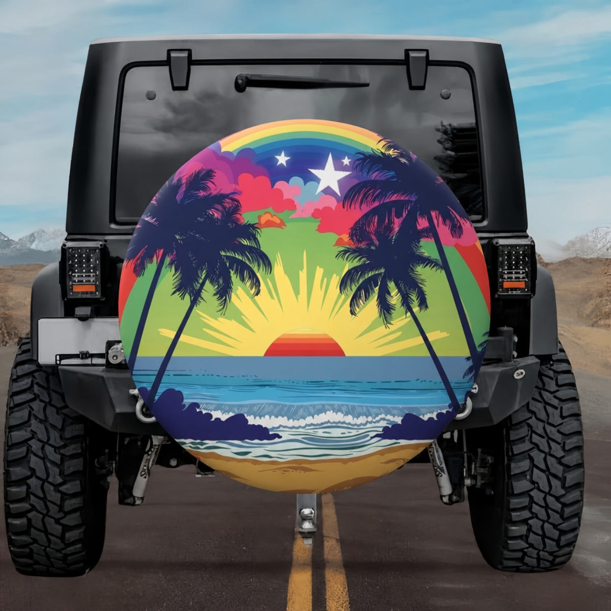 Rainbow Arch Sunset Palm Tree Spare Tire Cover