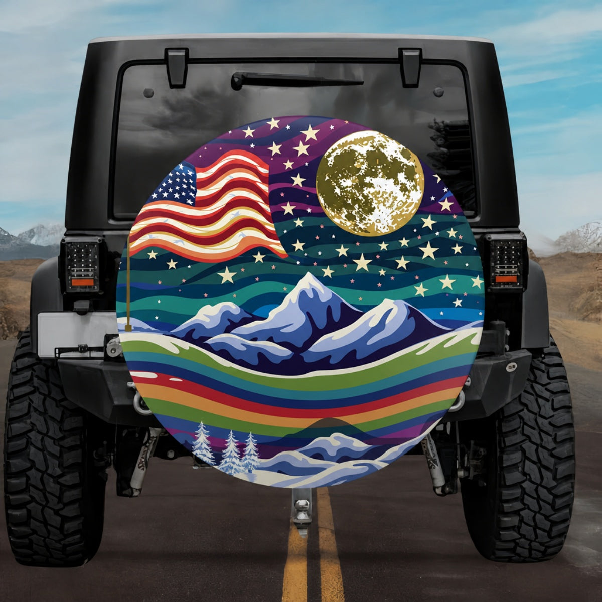Moonlight Mountain American Flag Spare Tire Cover