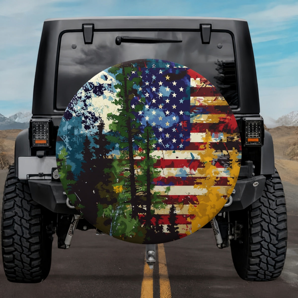 Double Exposure Pine Forest American Flag Spare Tire Cover