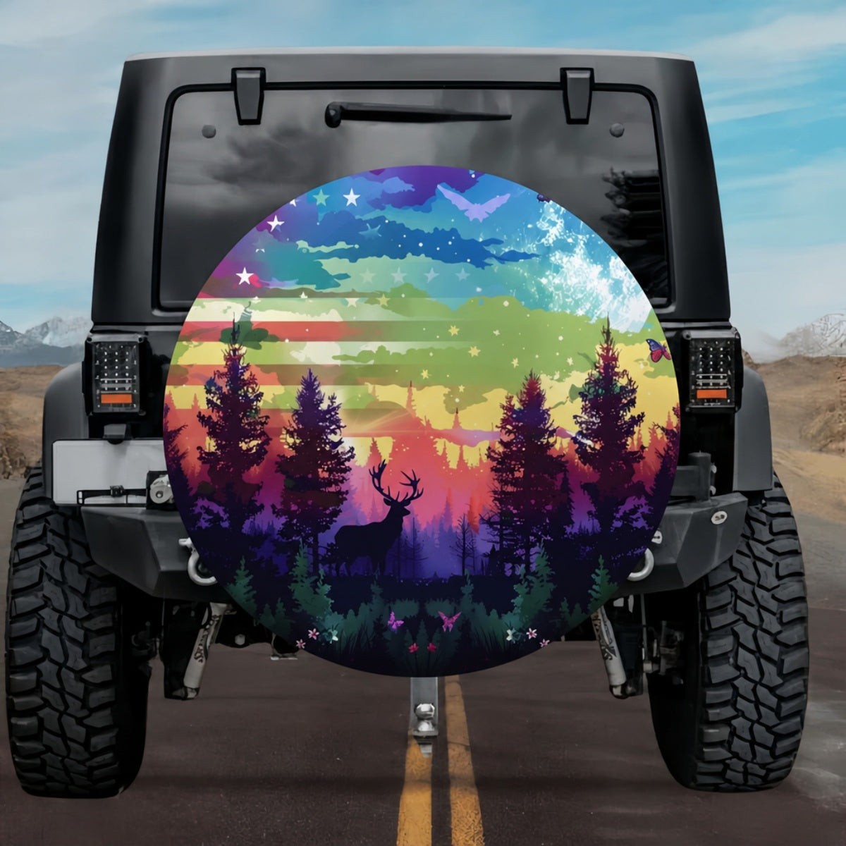 Deer in Forest American Flag Spare Tire Cover