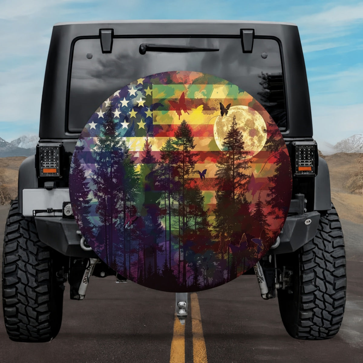 Moonlight Forest & Butterfly American Flag Spare Tire Cover