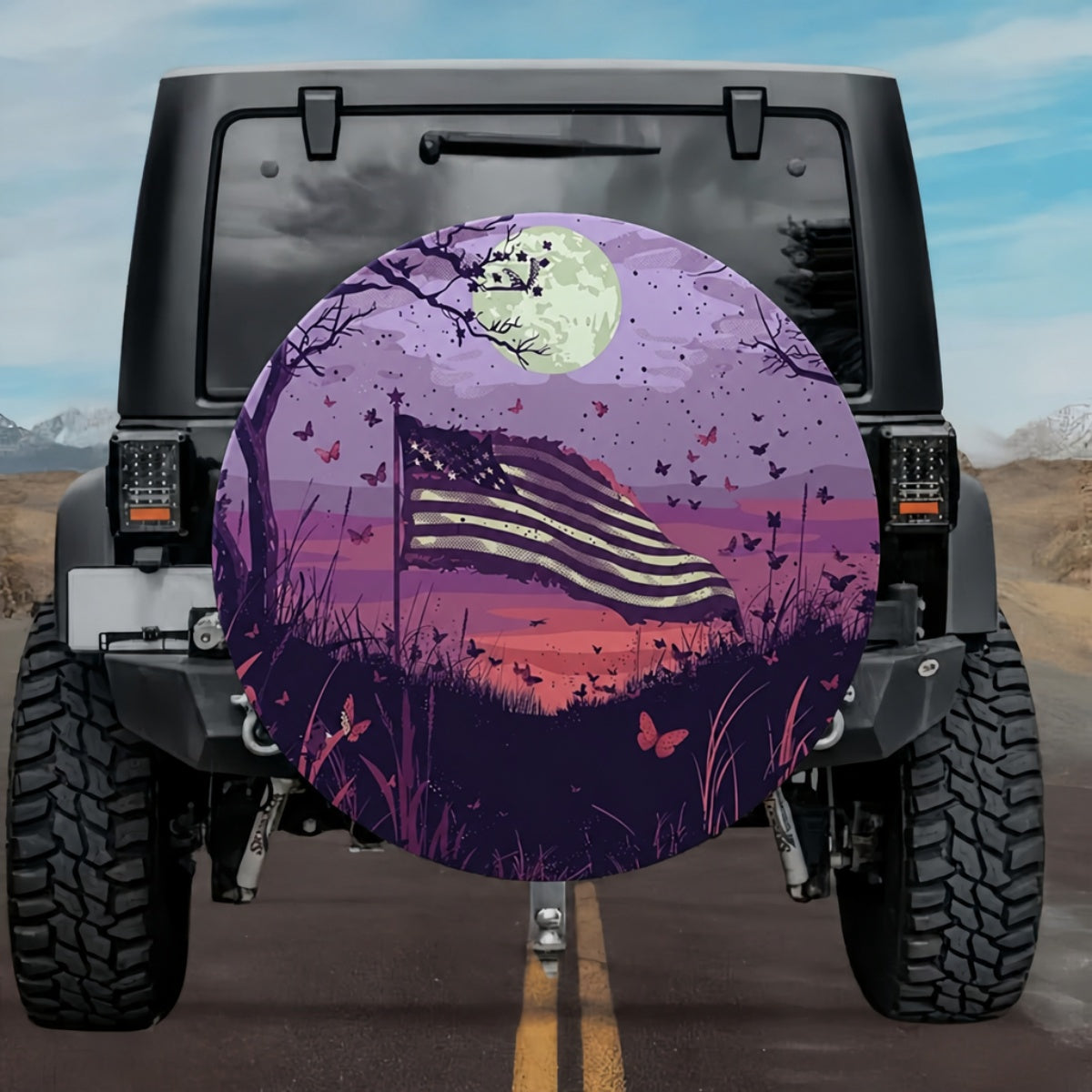 Midnight Purple Butterfly & Flag Spare Tire Cover