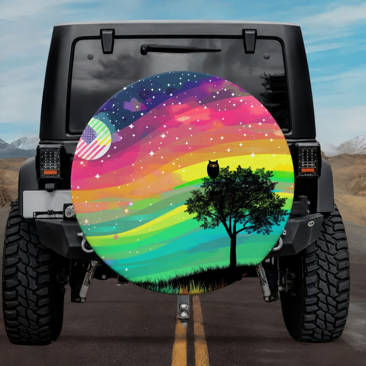 Psychedelic Rainbow Owl & Flag Moon Spare Tire Cover