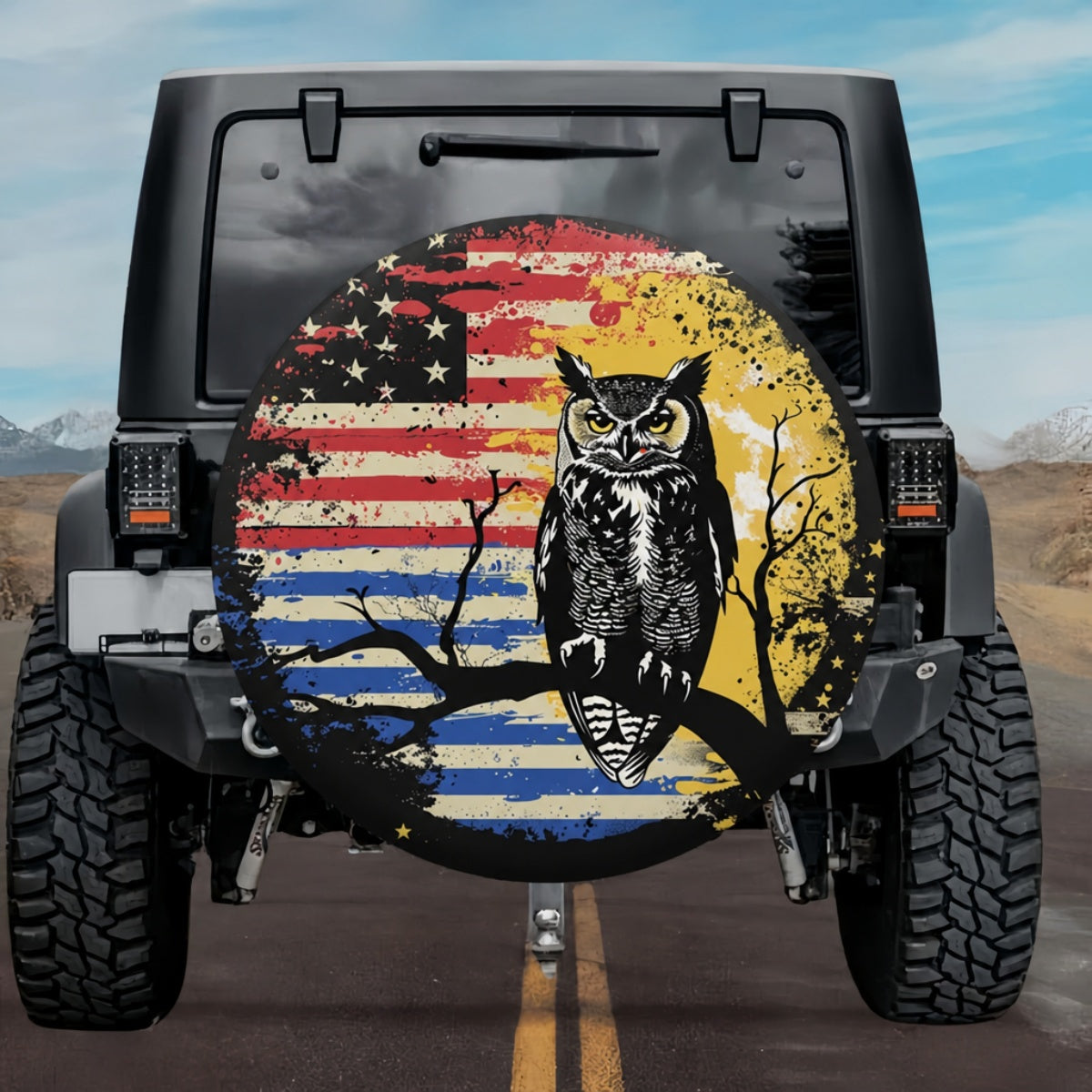 Vintage Distressed Owl American Flag Spare Tire Cover