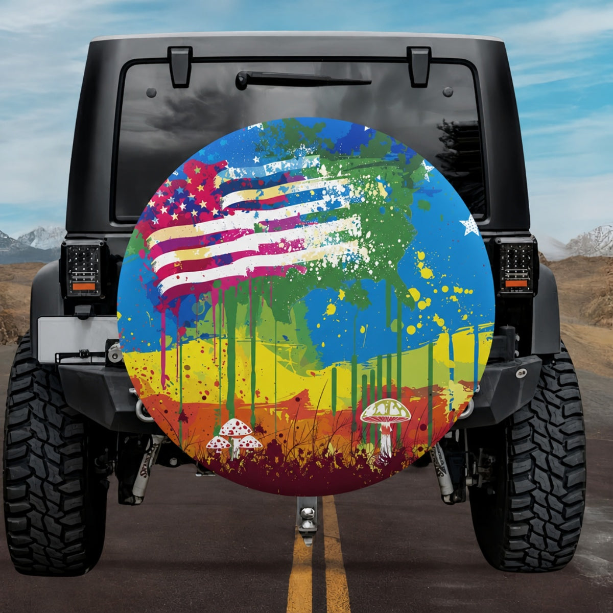Abstract Splash Paint American Flag & Mushroom Spare Tire Cover